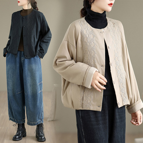 日系复古刺绣夹棉薄棉服外套女冬季洋气休闲小个子保暖棒球服棉袄