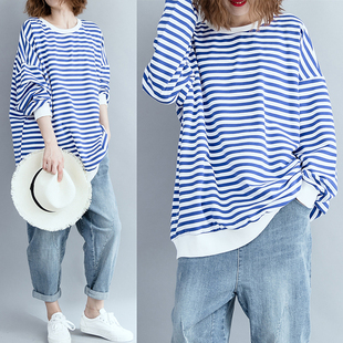 长袖 200斤大码 慵懒风薄款 条纹卫衣女学生中长款 宽松外套上衣 秋装