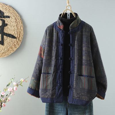 新中式国风立领盘扣棉衣女2024新款冬季复古印花棉麻夹棉保暖外套