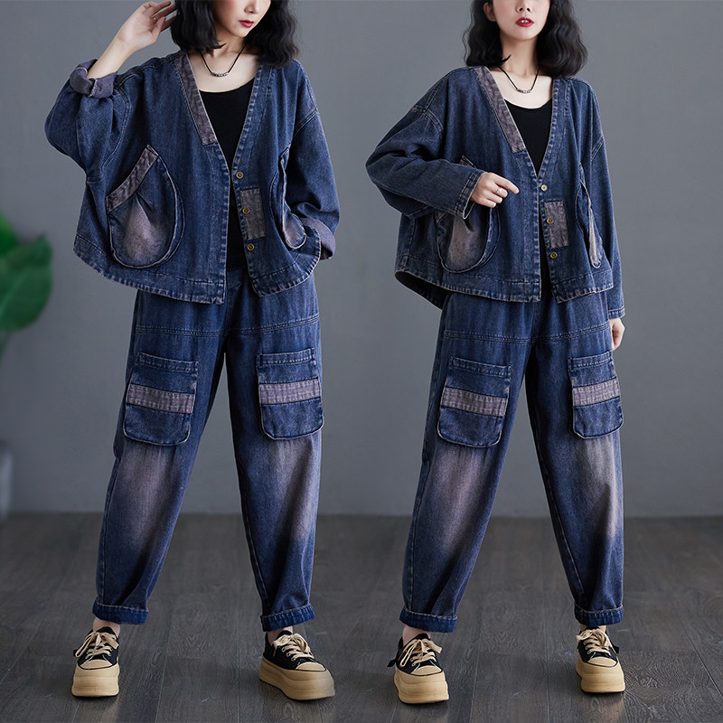 小菲家~牛仔套装 春秋大码宽松显瘦V领外套休闲松紧腰复古牛仔裤,女装/女士精品,大码套装,淘宝优惠券,粉丝福利购,淘宝优惠卷