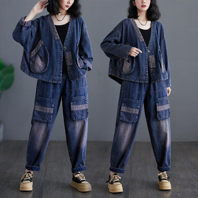 小菲家~牛仔套装 春秋大码宽松显瘦V领外套休闲松紧腰复古牛仔裤