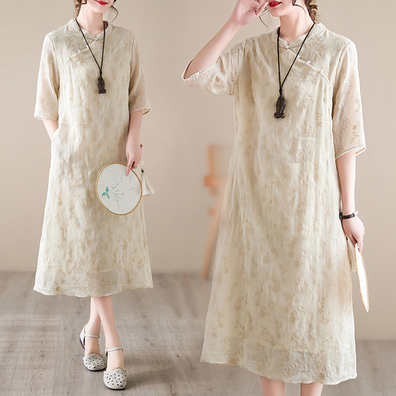 夏款2024新款棉麻重工刺绣气质旗袍裙女中长款中式改良高端连衣裙
