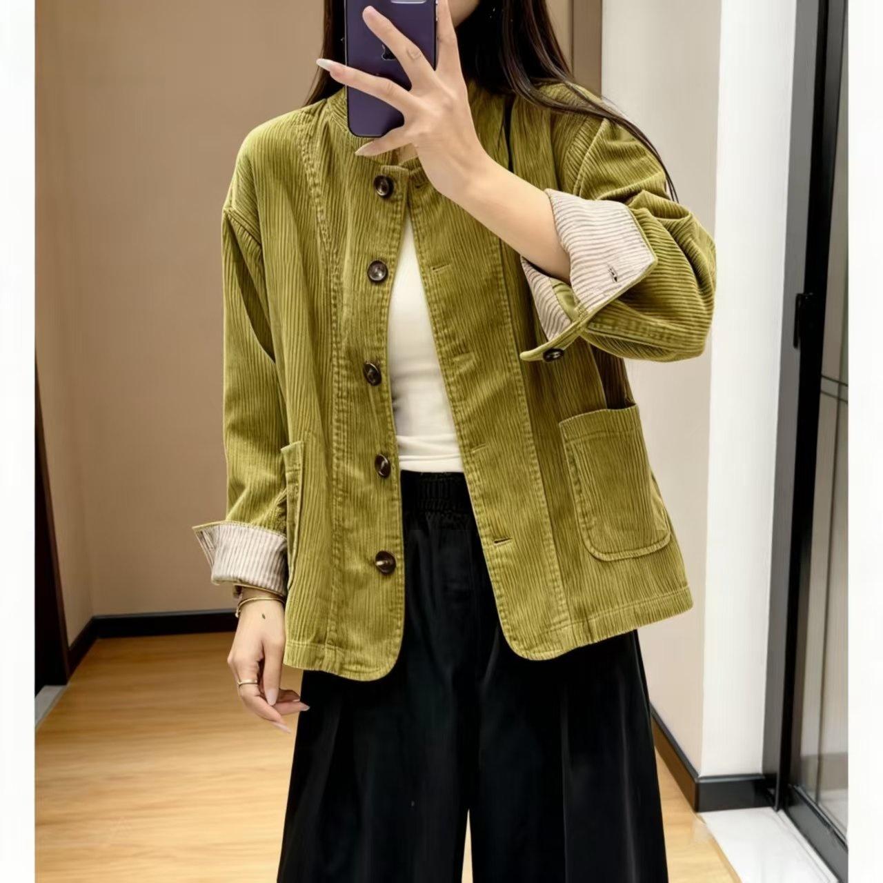 复古灯芯绒立领夹克外套女2025秋季新款宽松休闲百搭短款条绒上衣