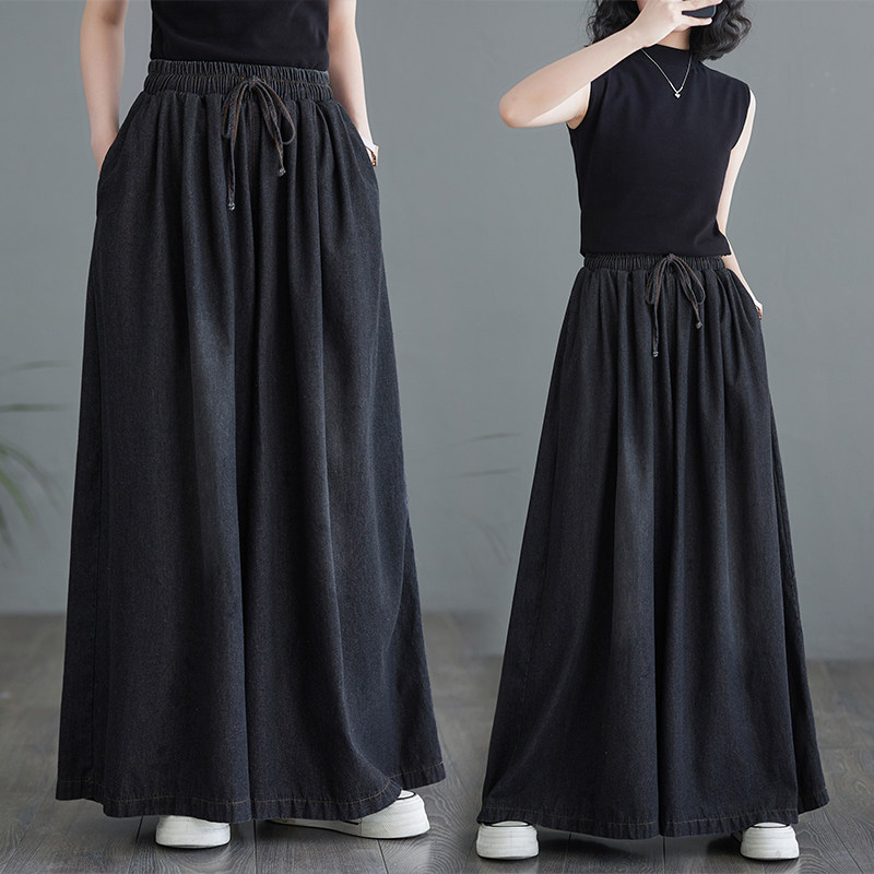 牛仔阔腿裤女夏季百搭垂感长裤宽松大码松紧腰系带裤裙潮,女装/女士精品,大码裤装,淘宝优惠券,粉丝福利购,淘宝优惠卷