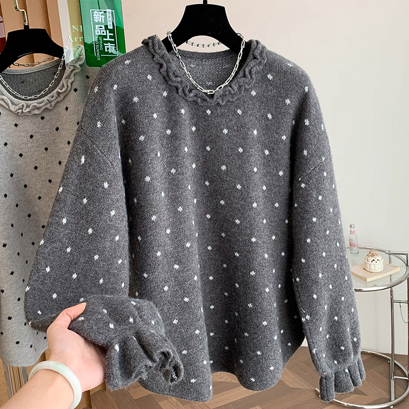 温柔风木耳边圆领波点长袖毛衣女秋冬内搭洋气针织衫宽松软糯上衣