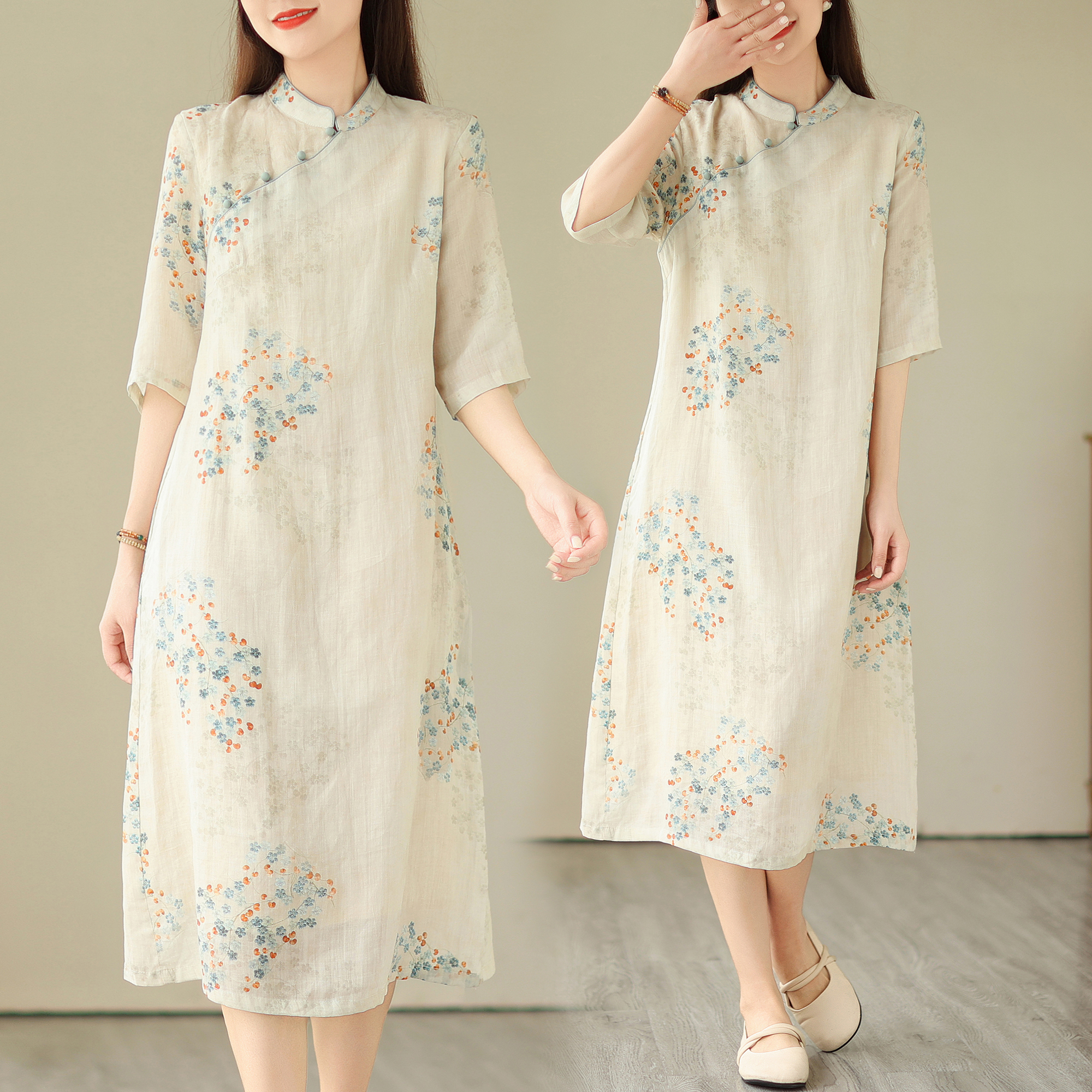 复古中式旗袍裙改良版连衣裙女夏季2024新款胖mm显瘦苎麻碎花裙子