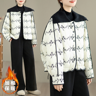 娃娃领刺绣棉服女秋冬宽松森系减龄夹棉外套短款洋气棉衣保暖棉袄