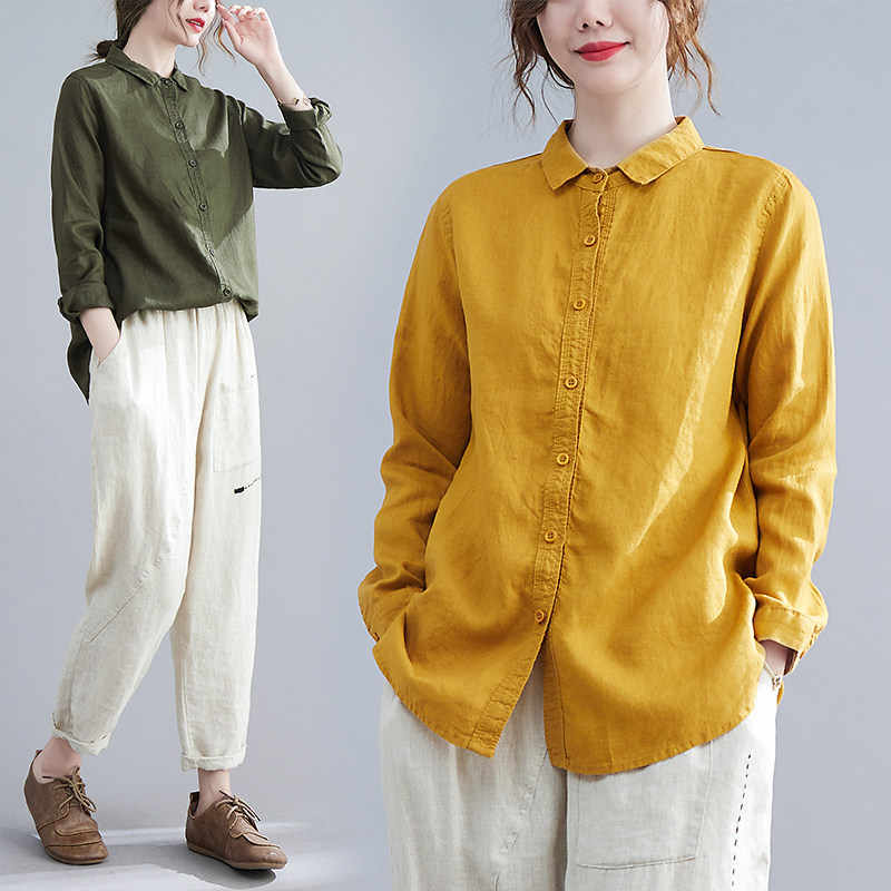 长袖衬衫女春季2024年新款宽松大码休闲文艺遮肉显瘦亚麻衬衣,女装/女士精品,衬衫,淘宝优惠券,粉丝福利购,淘宝优惠卷