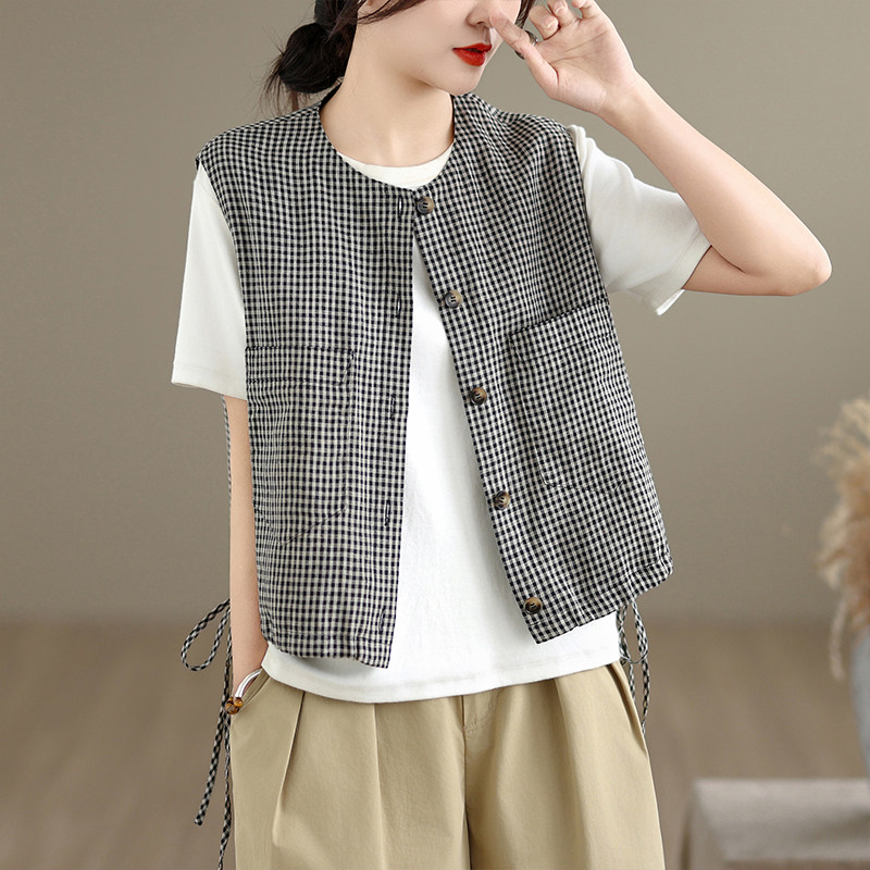 圆领格子马甲女士无袖坎肩设计感宽松背心春夏小个子短款显瘦上衣