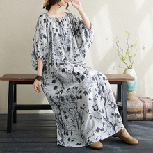 棉麻连衣裙夏季长裙民族风女装袍子复古水墨印花宽松大码文艺裙子