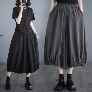 松紧腰裤 裙七分裤 子灯笼裤 大码 裙裤 女夏季 休闲女裤 黑色八分阔腿裤