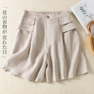 亚麻工装短裤女2026年夏季新款纯色宽松百搭半松紧腰休闲阔腿裤子