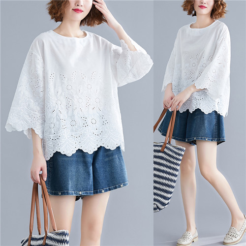 大码女装200斤夏装mm镂空刺绣