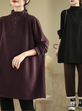 秋冬爆款磨毛加厚休闲紫色高领卫衣女纯色百搭宽松大码遮屁股上衣