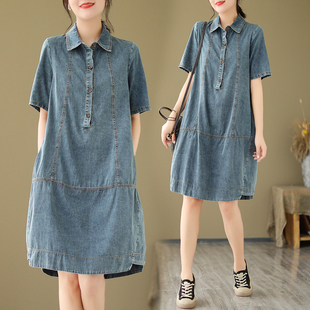 小菲家~大码时尚设计感减龄复古休闲牛仔短袖宽松polo领连衣裙女