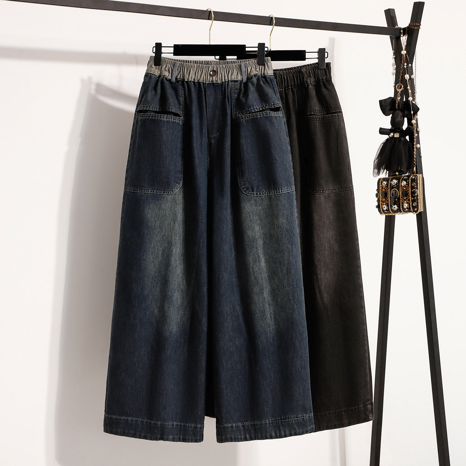 高腰阔腿牛仔裤女秋冬宽松大码胖mm拼色松紧腰休闲遮肉直筒阔腿裤