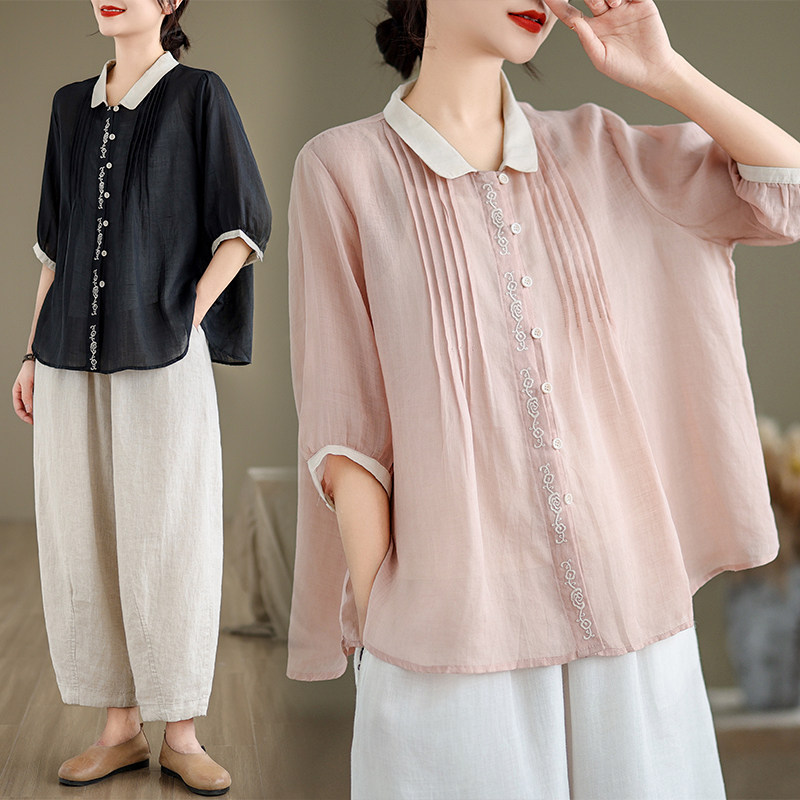 2024夏季新款文艺风琴褶苎麻衬衫女撞色国风刺绣宽松大码