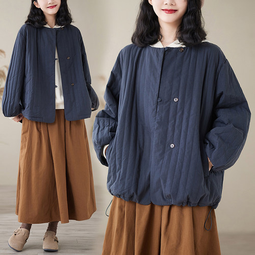 复古森系百搭圆领无帽棉衣棉服女