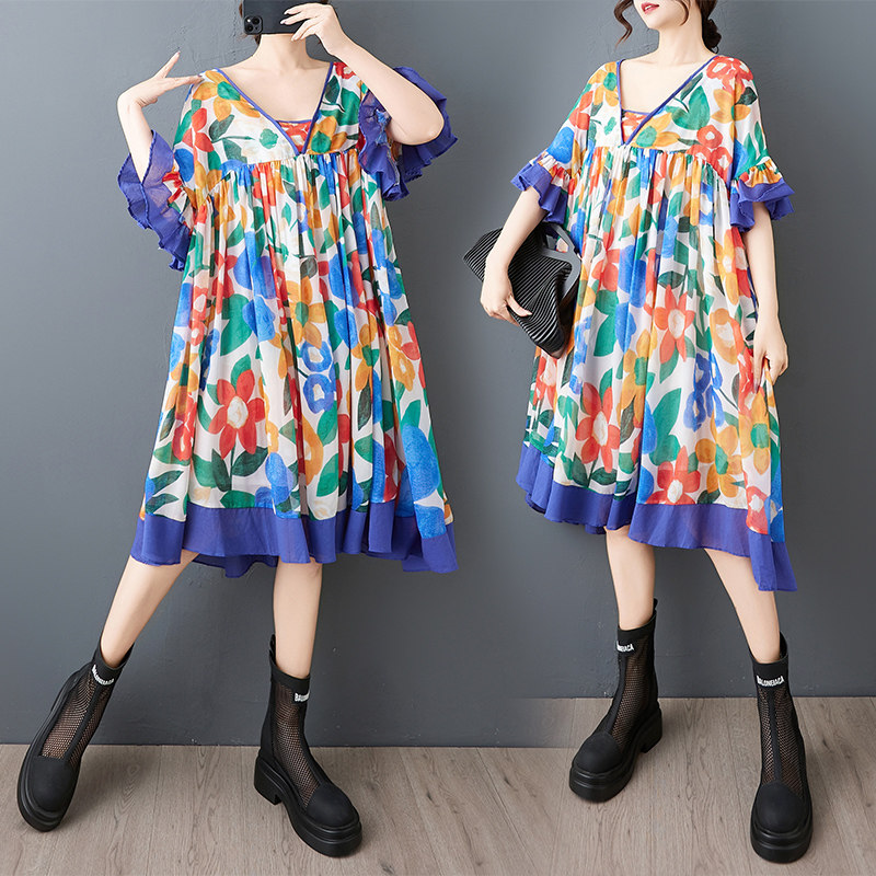 2025夏装新款时尚拼接印花雪纺连衣裙显瘦胖MM宽松大码收腰大摆裙
