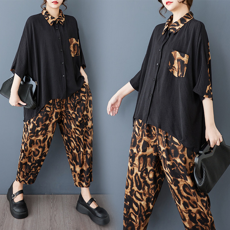 大码胖妹妹显瘦套装女夏季洋气豹纹拼接上衣休闲哈伦裤遮肉两件套,女装/女士精品,时尚套装,淘宝优惠券,粉丝福利购,淘宝优惠卷