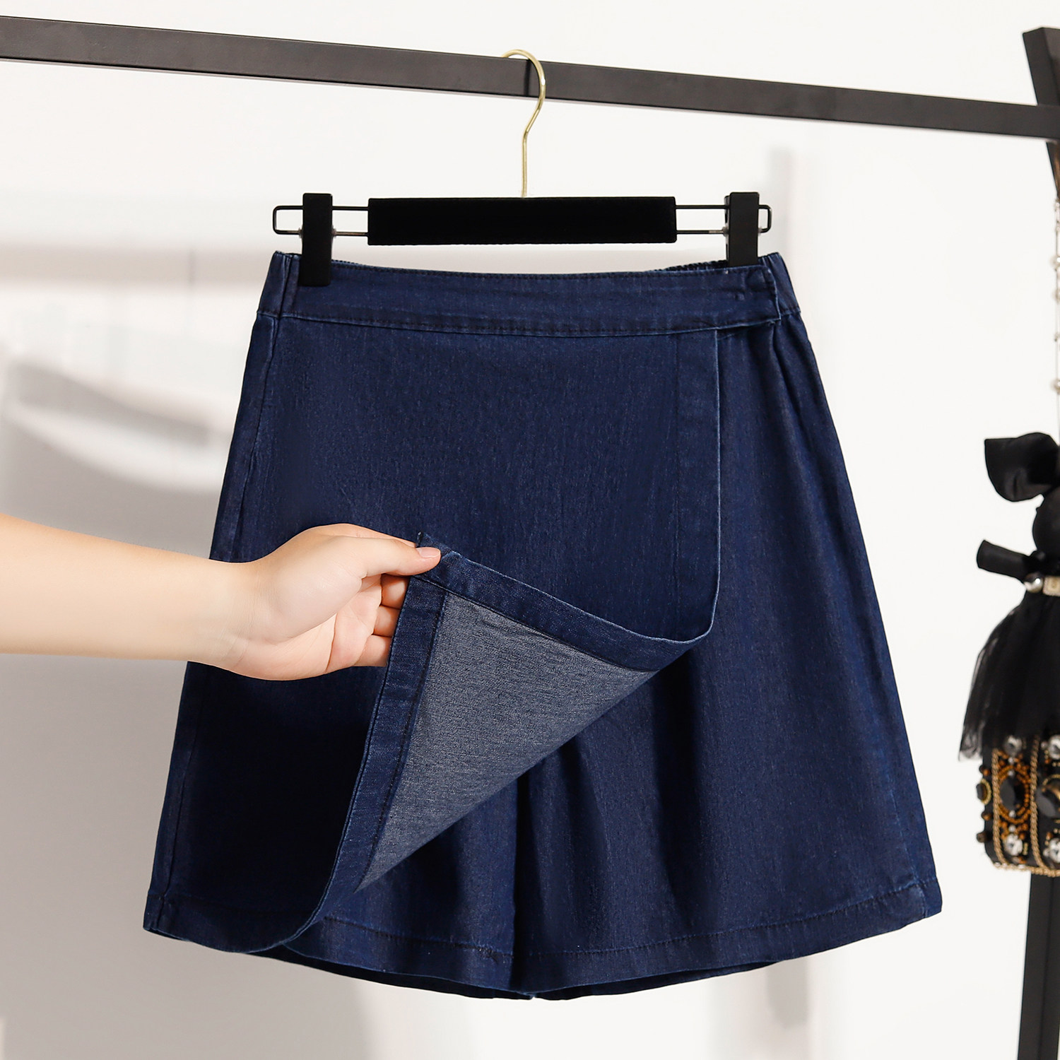 大码女装夏款复古假两件牛仔短裤显瘦百搭不规则宽松阔腿a字裙裤