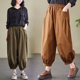 胖妹妹阔腿显瘦棉麻休闲裤 女春秋2026年新款 松紧腰纯色灯笼裤 大码