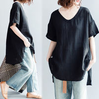 A V-neck short-sleeved T-shirt for a chubby girl, a stylish summer dress for women. It's a large-sized, loose top with an irregular slit at the hem thumbnail 3