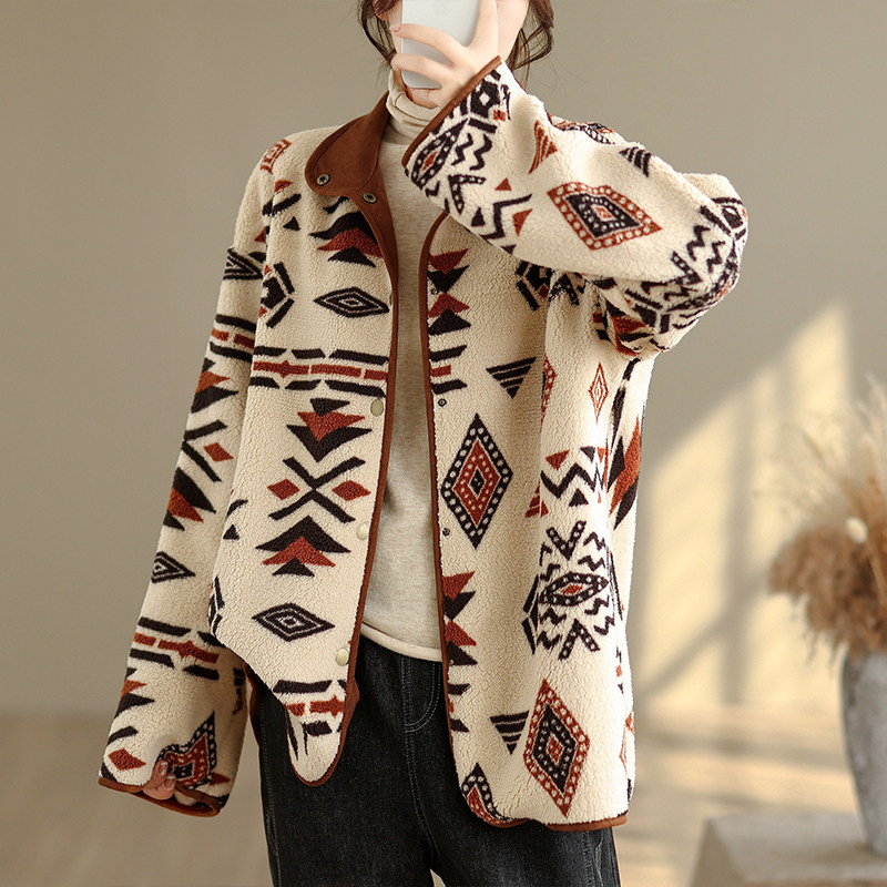 双面羊羔毛外套女秋冬大码胖mm复古减龄几何印花泰迪绒保暖开衫潮,女装/女士精品,常规大码外套,淘宝优惠券,粉丝福利购,淘宝优惠卷