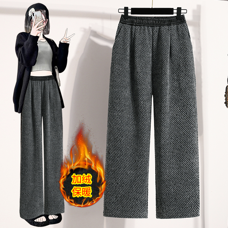 加绒纹理感阔腿裤直筒显瘦毛呢裤