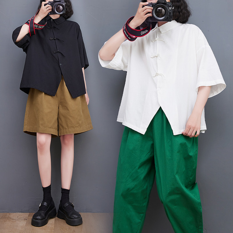 大码女装夏季宽松显瘦下摆开叉不规则盘扣衬衫纯色百搭短袖上衣潮,女装/女士精品,大码连衣裙,淘宝优惠券,粉丝福利购,淘宝优惠卷