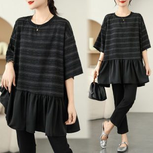 减龄遮肉中长款 大码 设计感条纹拼接雪纺荷叶边娃娃衫 夏季 T恤 女装