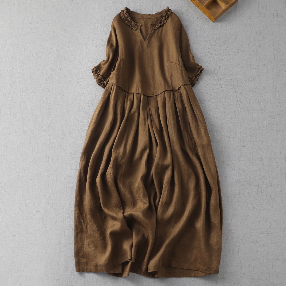 小菲家~棉麻2024春夏新款复古色织亚麻宽松木耳边v领连衣裙女原创