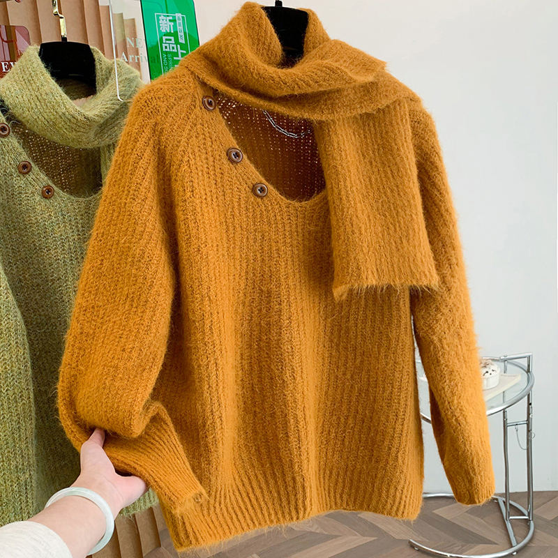 氛围感慵懒风时尚洋气针织衫毛衣女秋冬带围巾加厚保暖软糯上衣潮