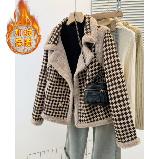 千鸟格短款 小香风加厚夹棉双排扣夹克上衣 毛呢外套女秋冬2025新款