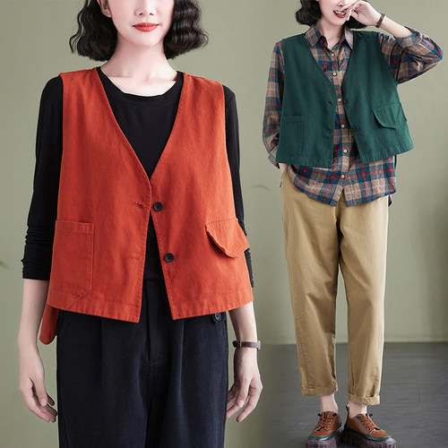 斜纹全棉马甲女短款百搭宽松坎肩