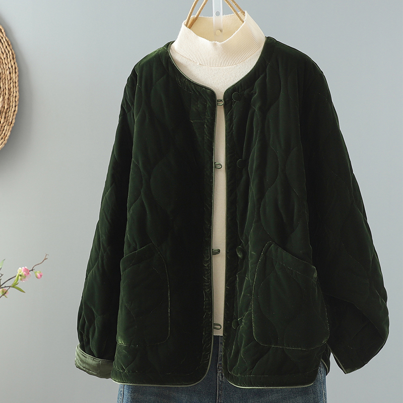 2024冬季新款复古休闲圆领无帽棉服女宽松短款小个子保暖棉袄外套