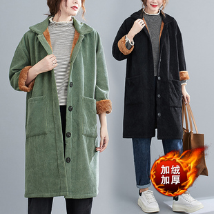 宽松大口袋灯芯绒棉衣女中长款 冬装 加厚羊羔绒外套潮 胖mm新款 大码