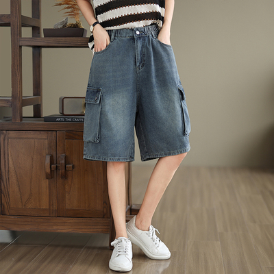 小菲家~大码女装夏季复古宽松显瘦工装阔腿牛仔短裤