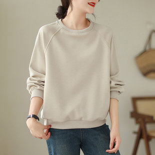 上衣 圆领套头卫衣女秋冬胖mm宽松休闲百搭长袖 大码 纯色刺绣插肩袖
