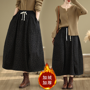 小菲家~2024秋冬复古文艺松紧腰简约韩版宽松印花加绒山本半身裙