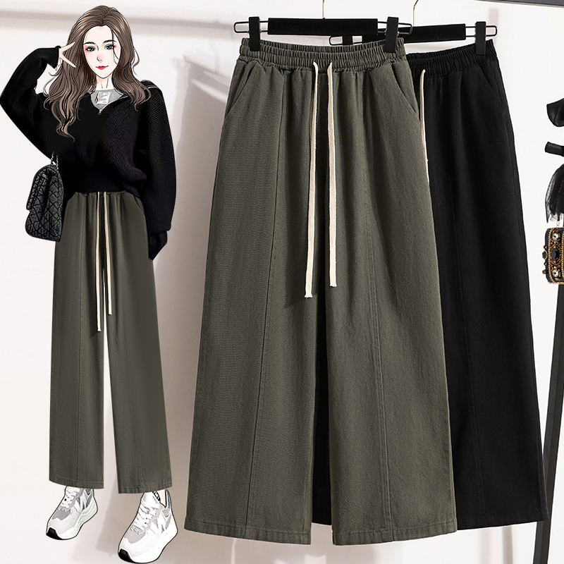 抽绳松紧腰全棉直筒运动阔腿裤女