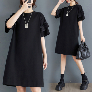 T恤裙子女夏季 短袖 遮肚显瘦连衣裙 女装 胖mm木耳边赫本小黑裙大码