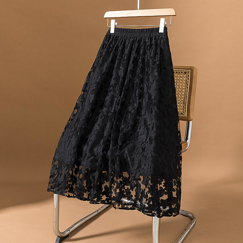 黑色蕾丝钩花半身裙女2026早春大码胖mm显瘦设计感气质a字长裙子