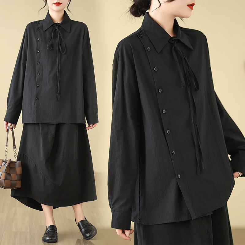 2024春季新款领口绑带长袖衬衫女宽松显瘦设计感小众斜襟国风上衣