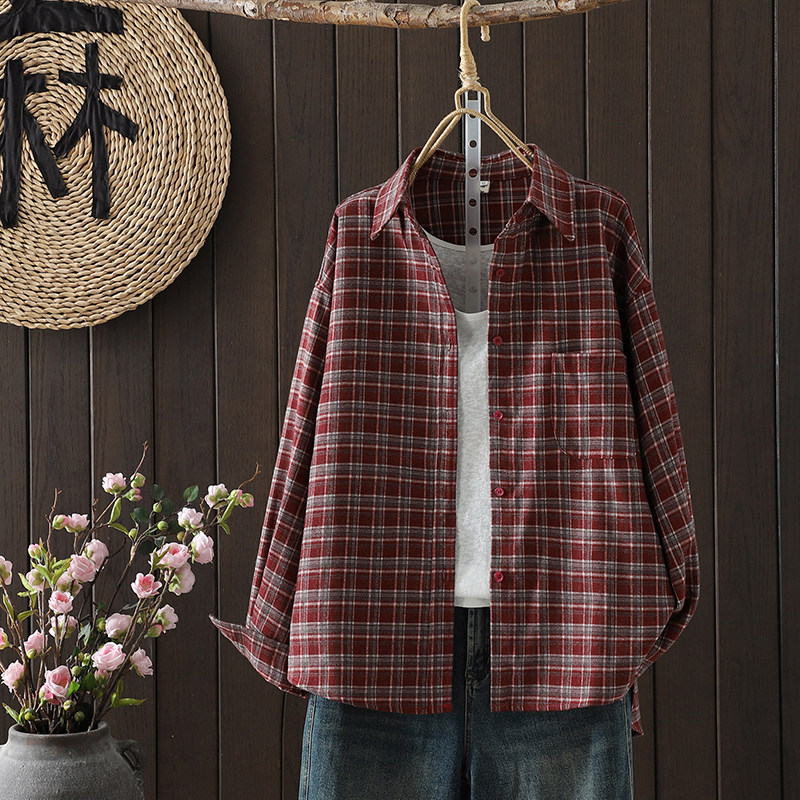 安可拉红色格子磨毛衬衫女春季复古百搭宽松休闲叠穿衬衣长袖外套,女装/女士精品,衬衫,淘宝优惠券,粉丝福利购,淘宝优惠卷