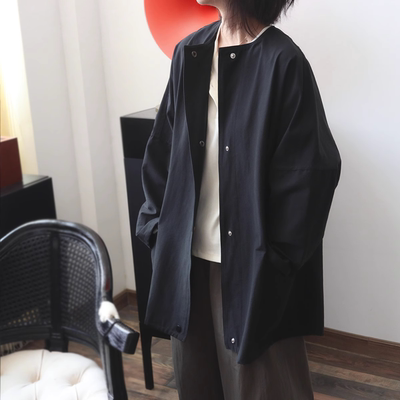 日系廓形黑色风衣女秋季大码胖MM宽松休闲圆领开衫小个子长袖外套