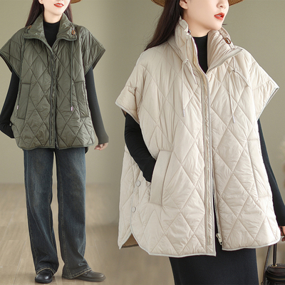 大码女装菱形格绗缝棉服马甲外套