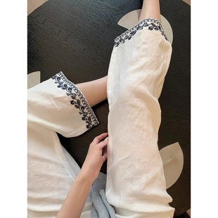 撞色刺绣直筒亚麻裤子女款小个子夏季减龄气质显瘦休闲白色阔腿裤
