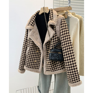 西装 千鸟格短款 宽松韩版 新款 领加绒加厚保暖上衣 毛呢外套女秋冬季