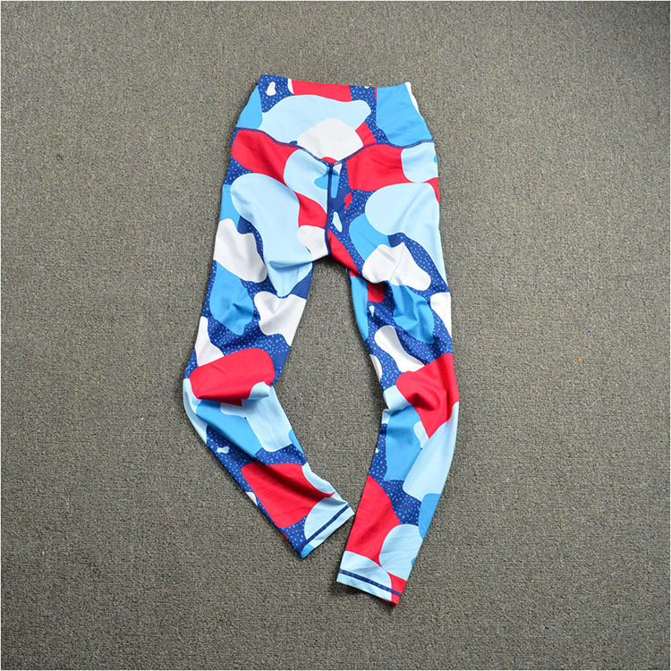 外贸女士运动长裤 紧身花格印花瑜伽九分裤 打底速干透气无尴尬线